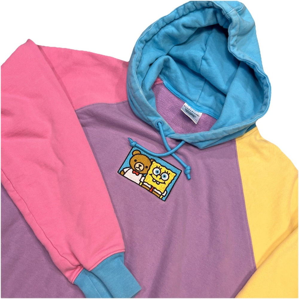 Teddy Fresh Womens L Hoodie SpongeBob Colorblock Purple Pink Yellow Blue Raglan